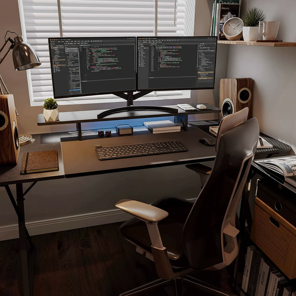 Visual diagram showing a structured desk setup analysis with zones for monitor, keyboard, and seating